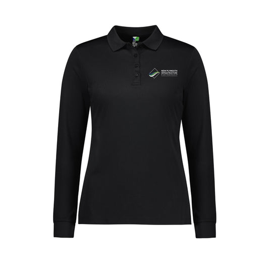 Womens Action Long Sleeve Polo - BLACK